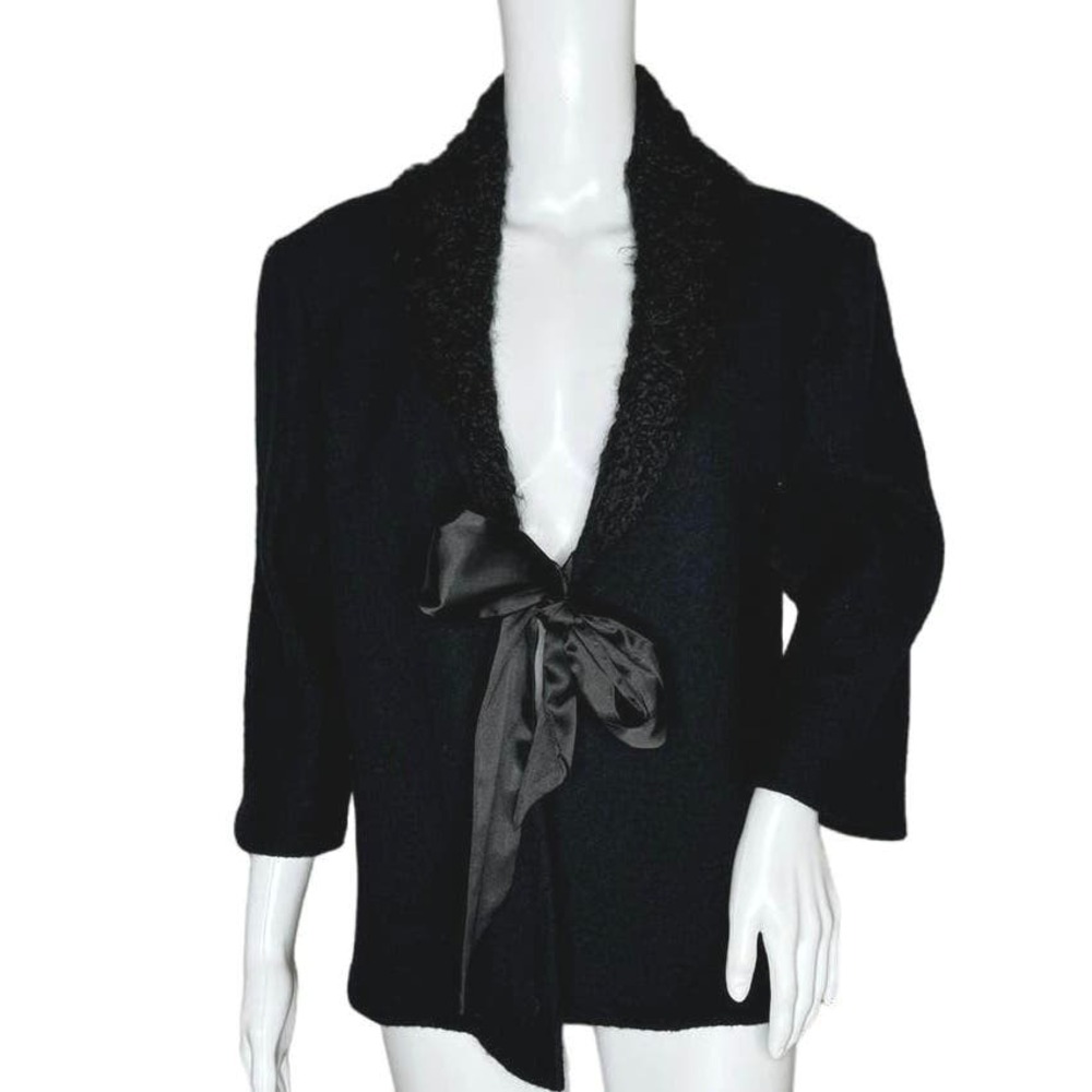 Coldwater Creek Jacket Womens Large Black Wool  Ribbon Tie Bow Wide‎ Lapel Boho
